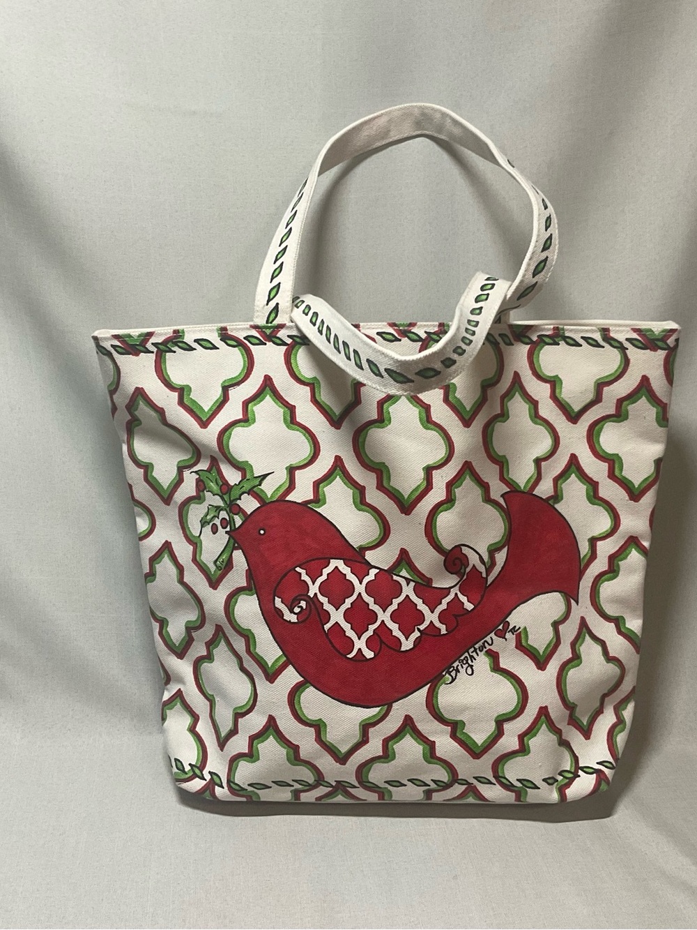 Brighton White Canvas Huge Tote with Holiday Bird Motif